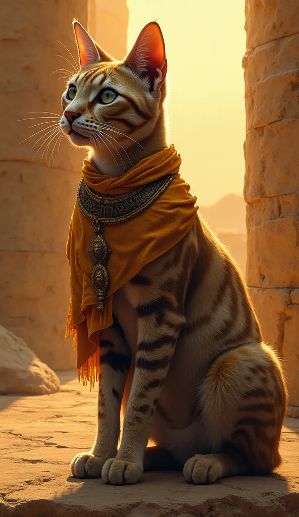 A DRAWING OF A CAT DRAWN ON STONE IN Ancient Egypt
Style: Realistic, historical, fantasy, dramatic
Location: Ancient Egypt 
Details:clothing,background
Lighting: Golden tones, sunset, dim lighting, dramatic shadows
Color Palette: Warm, cold, pastel, rich t...