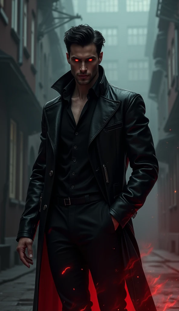  A tall man in his 30s,  beautiful, Seductive and mysterious,  a man who has red eyes  , black hair and elegant haircut , very masculine appearance .  In a dark and cloudy environment .  with a black leather jacket . And a red and mysterious aura terrifies...