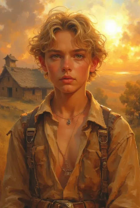 The image of a tall nineteen year old boy with blond hair and brown eyes. He wears simple clothes in shades of brown, beige and white, in the style of the 90s. The background should be a house in a village, the sun setting and illuminating the boy. The ima...