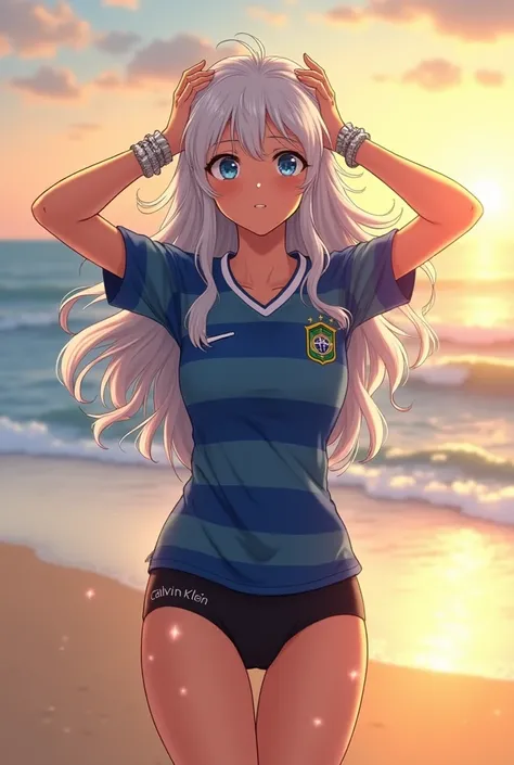 screenshot of Boku no Hero Academia,  beautiful woman, White Hair, long wavy, blue eyes, with freckles, he wears a Brazilian team jersey,with a Calvin Klein pantin black,  walking along the beach ,with a view of the sea and the sunset,Hands over his head,w...