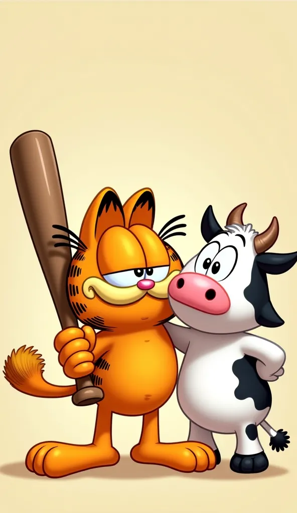 "A cute, chubby orange cat, similar to Garfield, holding a baseball bat in its paw, playfully about to hit a surprised cow. The scene is cartoonish and -friendly, with exaggerated expressions and vibrant colors. The background is simple, ensuring focus on ...