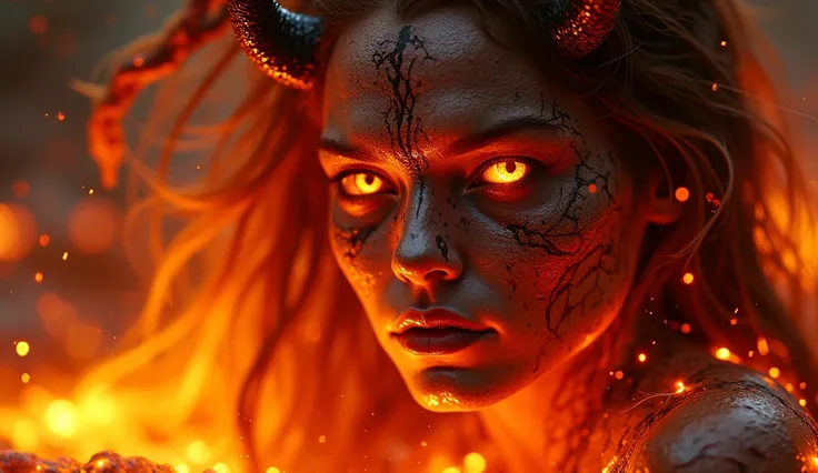 (best quality,absurdres), realistic, 8k, ultra-detailed, medium close up, female lava demon, demonic beautiful woman face, beautiful demon eyes, little horns, dangerous look, fiery long hair, part of the hair blown by the wind scatters fiery sparks, part o...