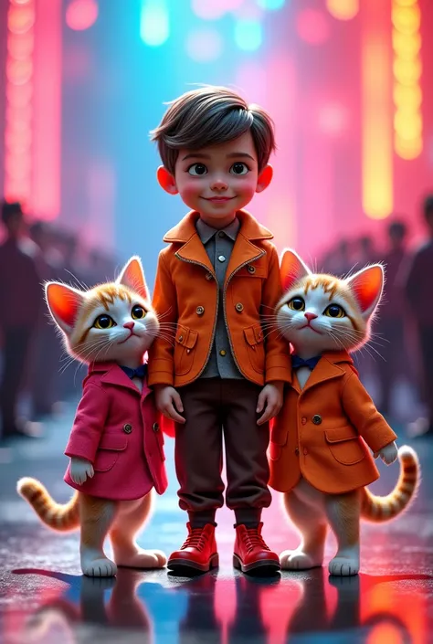 Two kittens moan one and a boy performing on a fashion stage. They are standing next to each other well dressed in vibrant colors