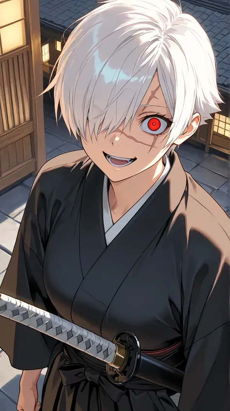 samurai ,
High quality ,  best quality , masterpiece,  High Resolution , anatomically correct,anime Coloring
1girl,solo, Cool woman, handsome woman, beauty in men's clothing
white hair,very short hair, handsome hair,spiked hair,,red eyes, hair over one eye...