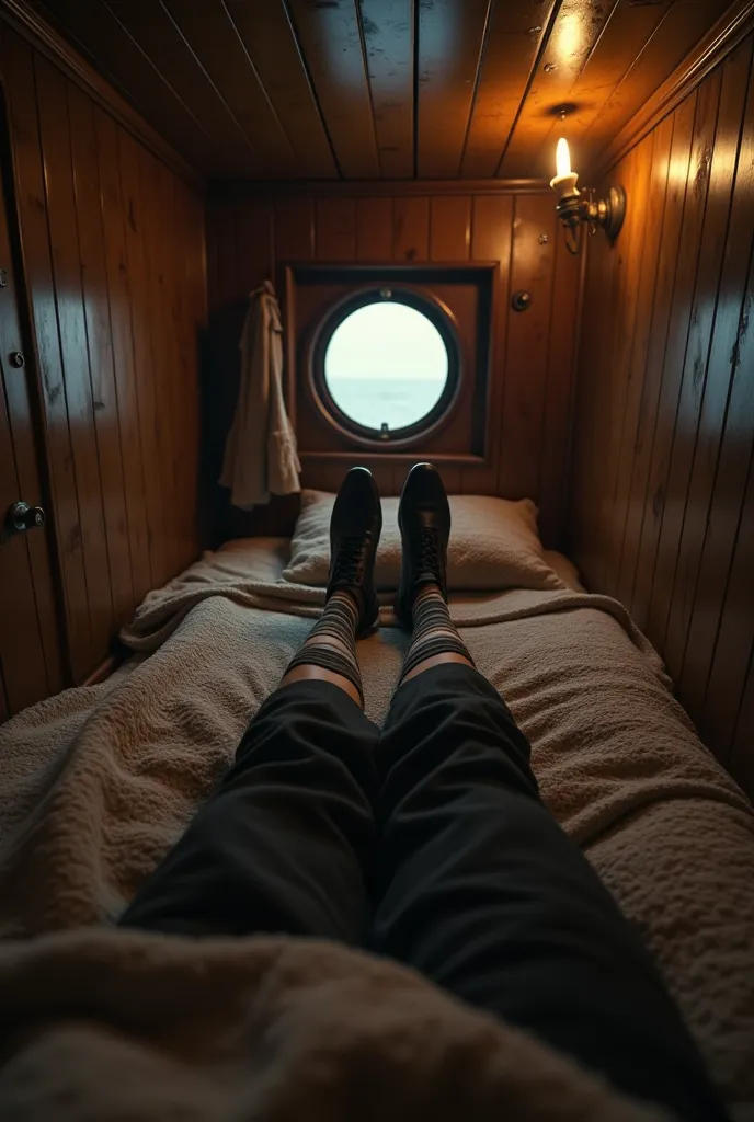 POV shot from a first-person perspective of a woman lying in a small wooden cabin on the Titanic, 1912. She wears dark work pants, striped socks, and black leather boots, her legs stretched out on a simple bed covered with a rough beige blanket. The cabin ...