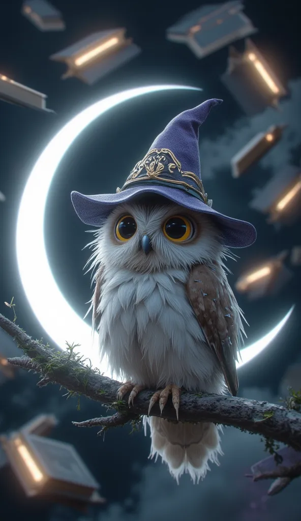 A soft-feathered owl with large, sparkling eyes and a tiny wizard’s hat. It perches on a crescent moon, surrounded by floating, glowing books.