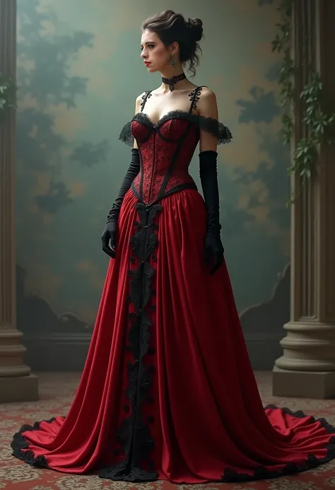 create a beautiful tall woman wearing a Victorian era dress with a wide and long skirt in red with black lace and a red and black corset , with black gloves with the face character reference