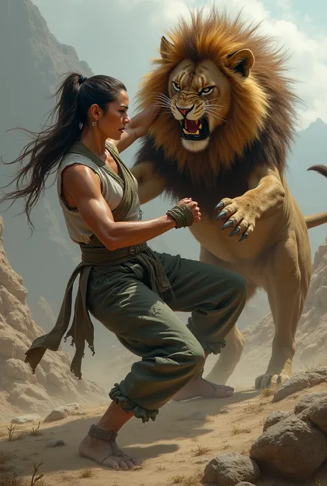 Woman fighting martial arts with a lion 