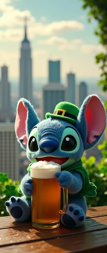 Ultra-realistic cute stitch like a stuffed animal drinking a beer, in the background a metropolis with Saint Patrick's party costume.