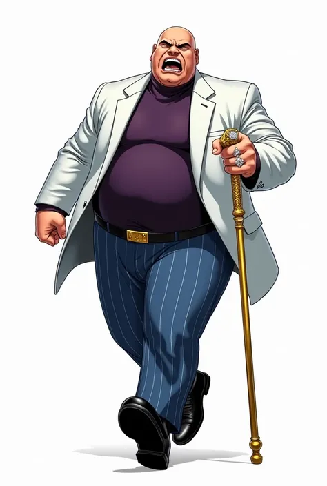 Marvel comics the kingpin wilson fisk, tall bara male wuth wide shoulders, muscular with pot belly, bald head with clean shave, white suit with blue stripped trouser,inner purple turtle neck shirt, black waist coat, golden wrist watch and expensive diamond...