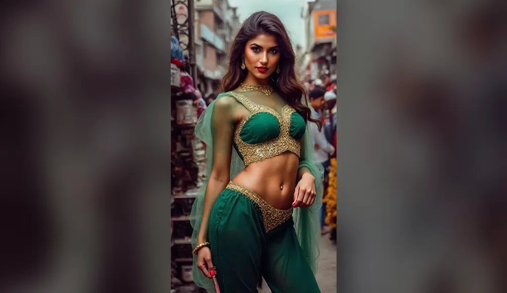 Against a backdrop of a bustling Indian street market, a model in a sheer, emerald green lehenga choli stands with one hand coyly covering her exposed waist, while the other playfully twirls a strand of her hair. The intricate gold embroidery on her outfit...