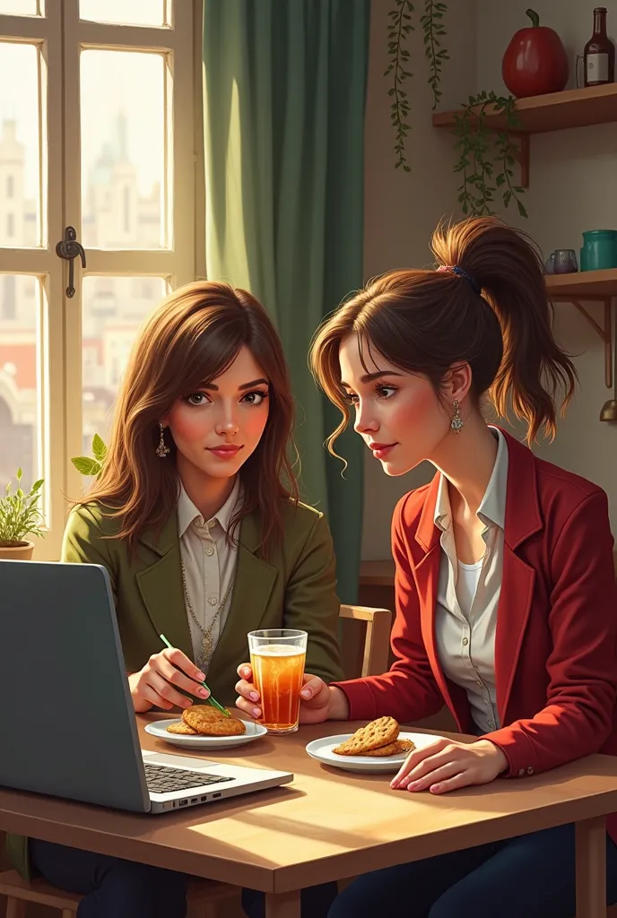 Deux personnes professionnelles qui travaillent sur leurs pc et manges des grignotages comme biscuits /fruits/fruits sec et des boissons chaudes dans un lieu chaleureux mais qui sont dessinés comme une peinture 