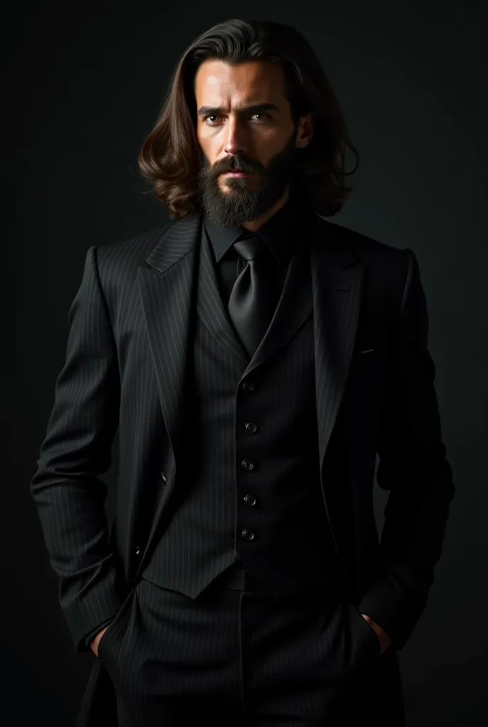 Man around 30 years old, elegant and imposing, wearing a well-fitted black chalk striped suit. He has long, dark hair, a well-groomed beard and an intense look.  your stance is confident . reinforcing an aristocratic and mysterious air. The dark background...