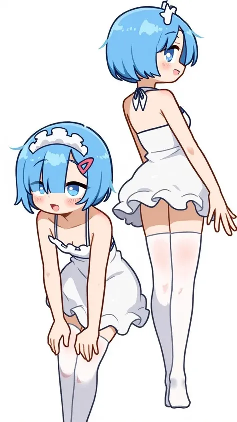  A woman, alone, REM, Character from RE :Zero,  Light Smile , looking at the viewer with a timid look, fly away,  beautiful,  medium breasts, smiling, flushed cheeks, without clothes, new, naked, barriga fly away,  light blue hair , 