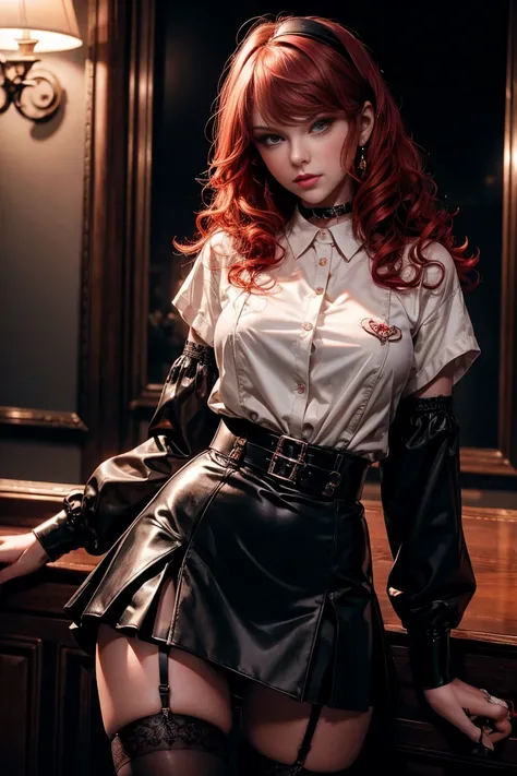 Taylor Swift, red hair, black stockings, Gothic Lolita、realistic, High resolution, soft light,1 female, alone, hip up, glowing skin, (detailed face),tattoo, jewelry, Secretarial Uniform, white shirt, black skirt, black stockings, garter belt, night, red ha...