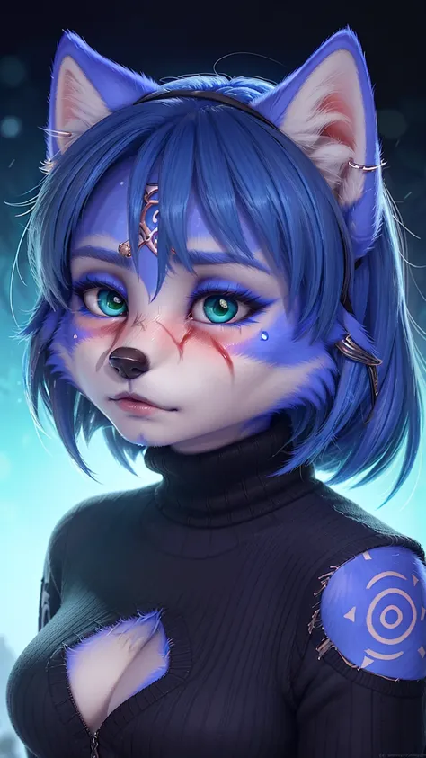 a portrait of   ((krystal)), Star Fox-Krystal, lovable,   green eyes, ((( Long blue hair 1 .3))),  cleavage, anthro, blurred,  detailed Fluffys fell, detailed face, (Fluffy),   1 girl, ,woman, Goth,   green eyes, Undercut, ultra-realistic 8k CG ,  masterpi...