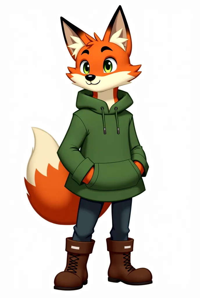 cartoon fox in a green shirt and brown boots standing in front of a white background, a character portrait by Johannes Helgeson ,  winner of the pixiv contest, hairy art, commission for high resolution, furry character portrait,  an anthropomorphic fox , f...