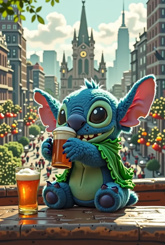 Ultra-realistic cute stitch like a stuffed animal drinking a beer, in the background a metropolis with Saint Patrick's party costume.