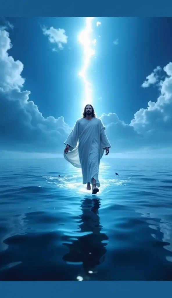 jesus walking in the water with clouds in the sky, behinde him there is a lighting