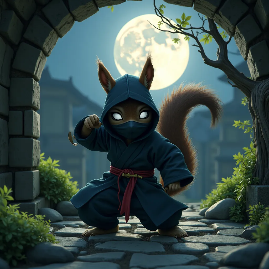 In the darkness of the night under the moonlight, a cute squirrel dressed as a ninja kneels with one arm on the ground, striking a stealthy b cool pose inside a Japanese castle. Stone wall behindthe squirrel, with trees and branches adding to the atmospher...