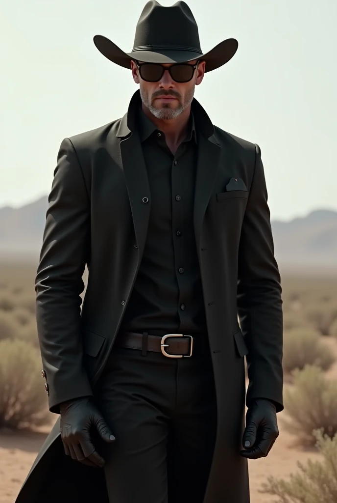 Modern cowboy, black clothes, sunglasses