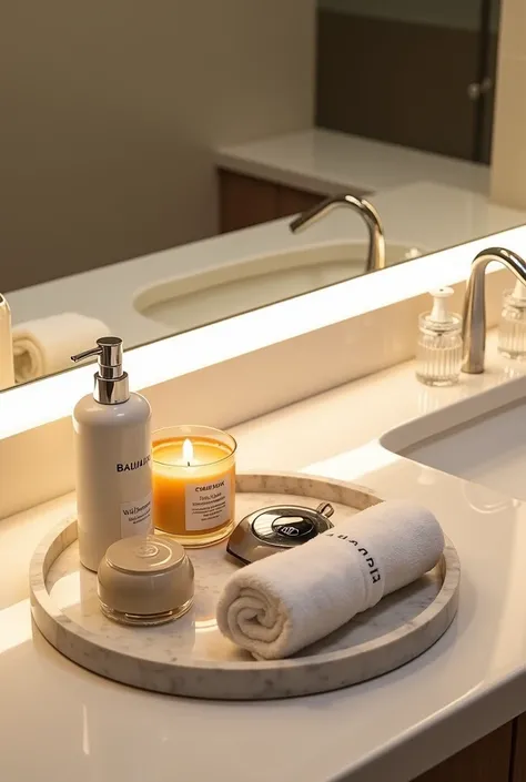 A luxurious and minimalist bathroom scene with a soft, ambient glow. A sleek white sink with a glossy surface reflects the warm light from a large mirror with built-in LED illumination. A round marble tray sits on the counter, elegantly arranged with plush...