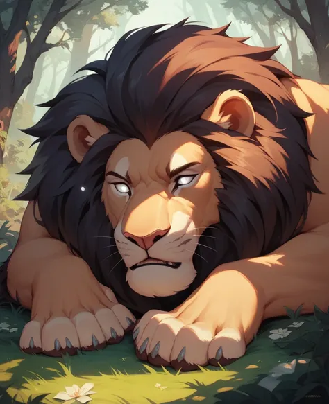 Giant lion, white eyes, dark fur, waking in a dark forest