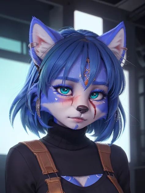 a portrait of   ((krystal)), Star Fox-Krystal, lovable,   green eyes, ((( Long blue hair 1 .3))),  cleavage, anthro, blurred,  detailed Fluffys fell, detailed face, (Fluffy),   1 girl, ,woman, Goth,   green eyes, Undercut, ultra-realistic 8k CG ,  masterpi...