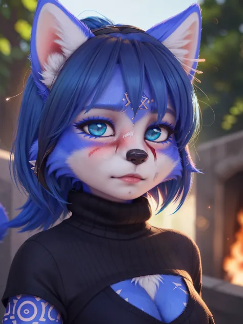 a portrait of   ((krystal)), Star Fox-Krystal, lovable,   green eyes, ((( Long blue hair 1 .3))),  cleavage, anthro, blurred,  detailed Fluffys fell, detailed face, (Fluffy),   1 girl, ,woman, Goth,   green eyes, Undercut, ultra-realistic 8k CG ,  masterpi...