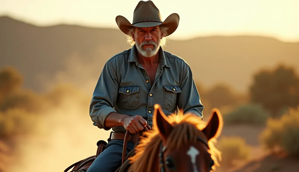 (photorealism:1.2),"A man wearing a cowboy hat and denim shirt rides a horse outdoors, looking directly at the camera with a focused and determined expression. His hands are gripping the reins, and he is dressed in rugged, weathered gear that complements t...