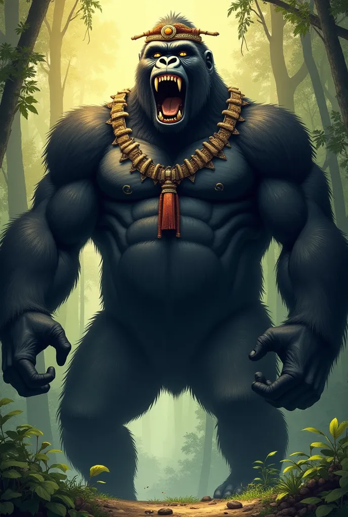 ambula, the imposing God-Gorilla, is a colossus of muscles and wild power. His gigantic body, covered in a shiny black coat, seems sculpted from the very essence of the primal jungle. Your eyes, deep and golden like amber, transmit both the fury of a warri...