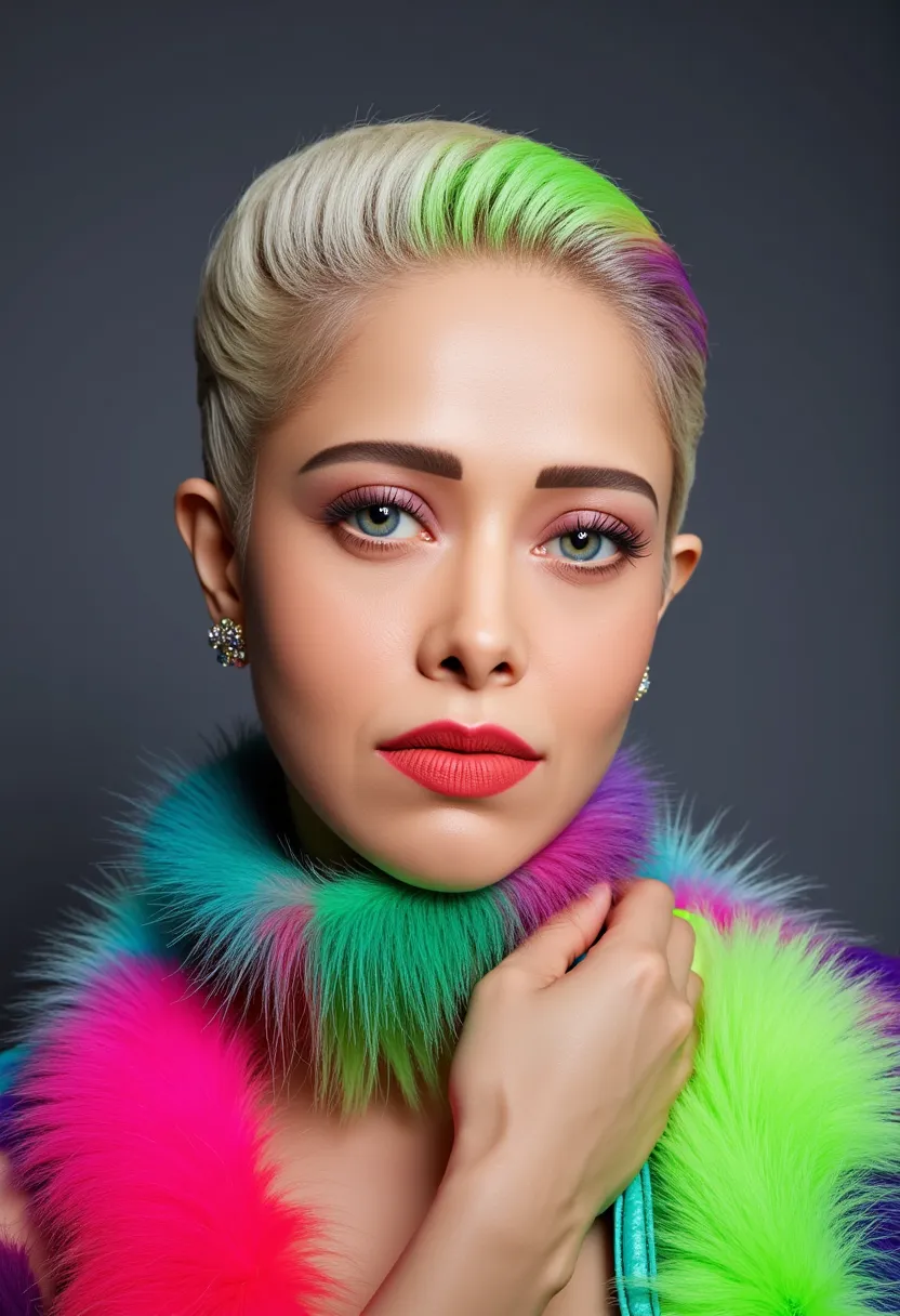 NushratBharuchaFlux, super detailed, vibrant portrait of a striking woman with a unique, colorful aesthetic. Her platinum-blonde hair is styled in a sleek, voluminous look with streaks of rainbow colors – green, purple, pink, and hints of yellow – adding a...