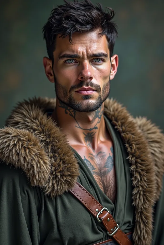 Generate a Druid man with an athletic build,  light leather balcony,  short black hair ,  thick eyebrows, blue-gray eyes and a shaved beard with untattooed Celtic clothes, with the physical appearance of Henry Cavill 