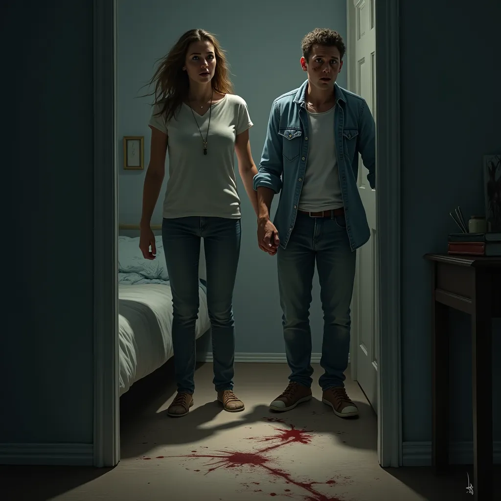 Frightened parents standing at the bedroom door, looking at the overturned mattress and claw marks on the floor. The expression of dread and despair fills their faces.