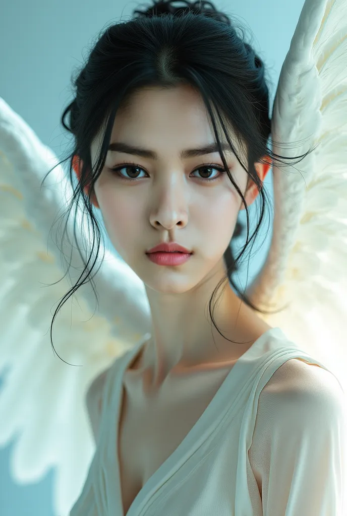 Realistic angles, with wings, and with a super-beauty asian face, looking at the camera