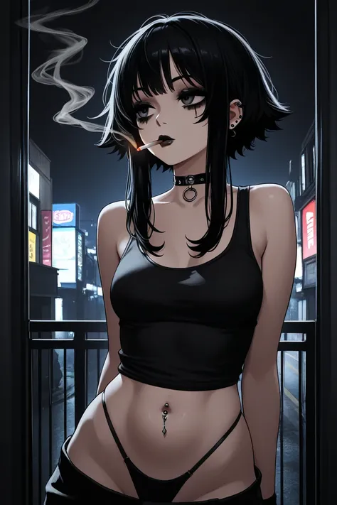 1girl, gothic, black makeup, black hair, locks, messy locks, short hair, cool, urban, tank top, black tank top, belly button, bare stomach, sexy, thong, navel piercing, choker, cigarette, smoking, dark apartament, bedroom