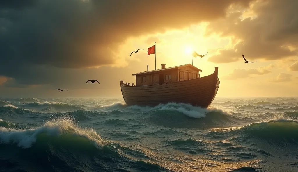 An image of Noah's Ark floating above the immense waters of the flood as the storm dissipates. The wooden ark, } built with a solid rectangular structure and without sails or chimneys, rests firmly on the waters. A divine wind sweeps the scene, causing the...