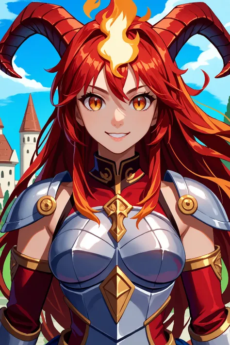 score_9, score_8_up, score_7_up, score_6_up, source_anime, 1girl, solo,   Carla ,flaming red hair, longhair, shining  golden eyes,  two horns sprouting from her temples, dragon-like wings on her back, a whip-like tail growing at her back, heavy armor, meta...