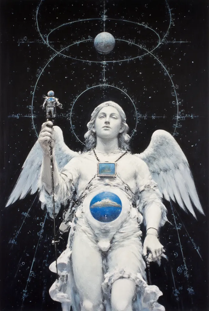 Painting of a baroque artwork style featuring a statue of marble of an angel, connected with wires and featuring a screen on its head face, white and blue color shades, a sky from an circle on its belly, dark sky background, coding numbers around the statu...