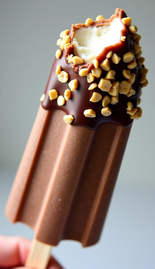 A close-up image of a delicious ice cream popsicle with a crispy chocolate coating and chopped peanuts on top. The popsicle has a wooden stick, and the chocolate coating is glossy and slightly melted at the edges. There is a bite taken out of the tip of th...