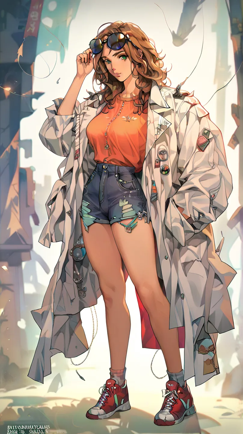  A Girl, Bob brown hair, green eyes, black sunglasses ,  long white coat , shorts preto,  red sneakers , high resolution, masterpiece, anatomically correct, better quality,  Ultra HD, breasts, cinematic lighting,  Ray Tracing , Digital Art, 