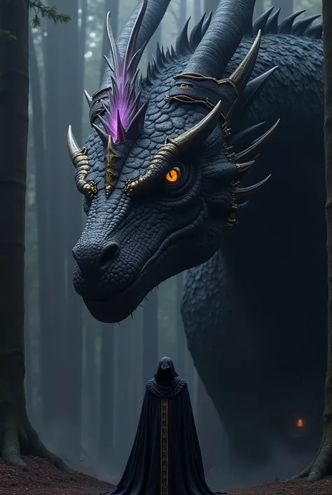 the big head of a gigantic great dragon, beautiful black and gold. he has big and beautiful eyes. where you can look deep into and love. the eyes are blackgold with a touch of gold. Next to the dragon stands a wizard, completely covered with his cloak, so ...