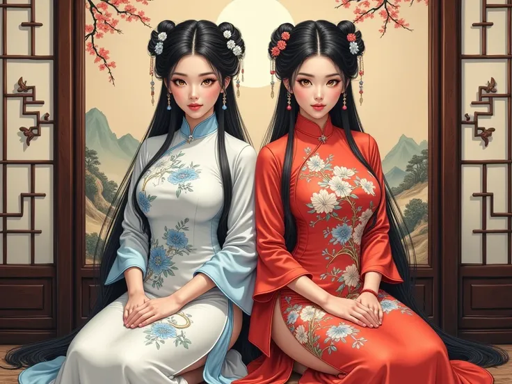 Detailed proportions and textures and multi-color with airbrushed brush strokes that presents a semi-realistic illustration in Chinese ink a gemini twins (full and slender body, with shy pose, playful look, bright yellow-gold eyes, defined eyebrows, long e...