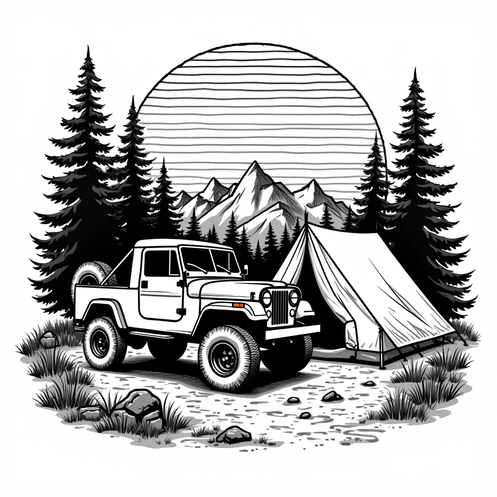 "A bold black and white line art illustration of an off-road vintage jeep parked beside a pitched camping tent in a wilderness setting. The background features tall pine trees, mountains, and a large sunset with retro-style horizontal stripes. The ground i...