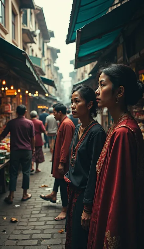 "Split-frame: dense traditional markets of Java vs deserted streets of Moscow, ultra-detailed facial expressions, modern contrast customary clothing,  chiaroscuro lighting  (592x1024)."  