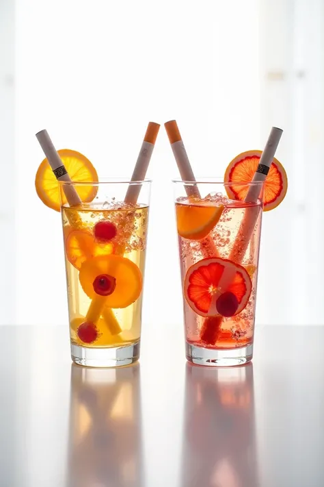 Realistic image of two 5cm, transparent plastic glasses of colorful cocktail shakers with a colored cigarette each decorated with fruit 
with a white background for a cocktail advertisement