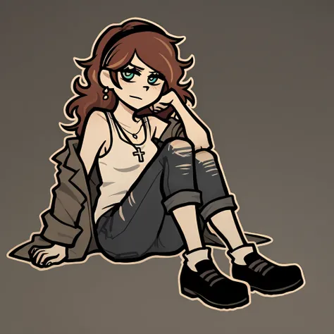 score_9,score_8,score_7,source_general,
By Nemlei , Andy and Leyley's casket,
1 of 22 years old, light brown wavy hair up to the back,  blue eyes,  simple black headband, simple silver ear piercing and earrings,  cross necklace,  white tank top, open brown...