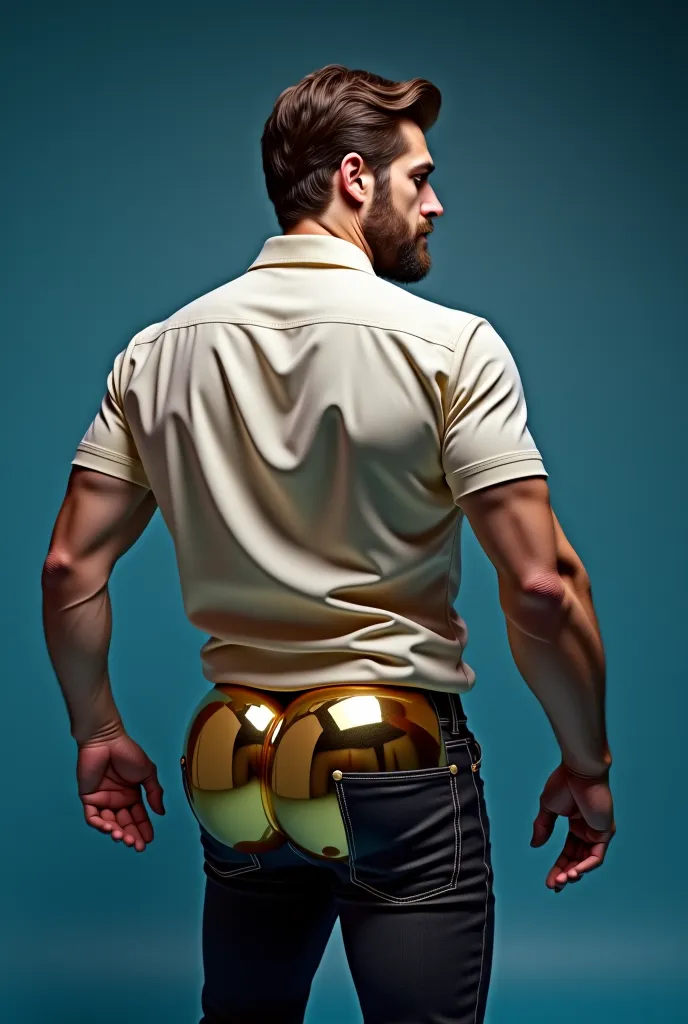 hyperrealistic image,  Handsome white man , around 2, beard ,  Dark brown wavy hair, similar to Henry Cavill muscular body. . light shirt, tight light black jeans (((big bubbly ass ))) (((rear))) , rear , big Bubble butts, big buttocks, Close up blue backg...