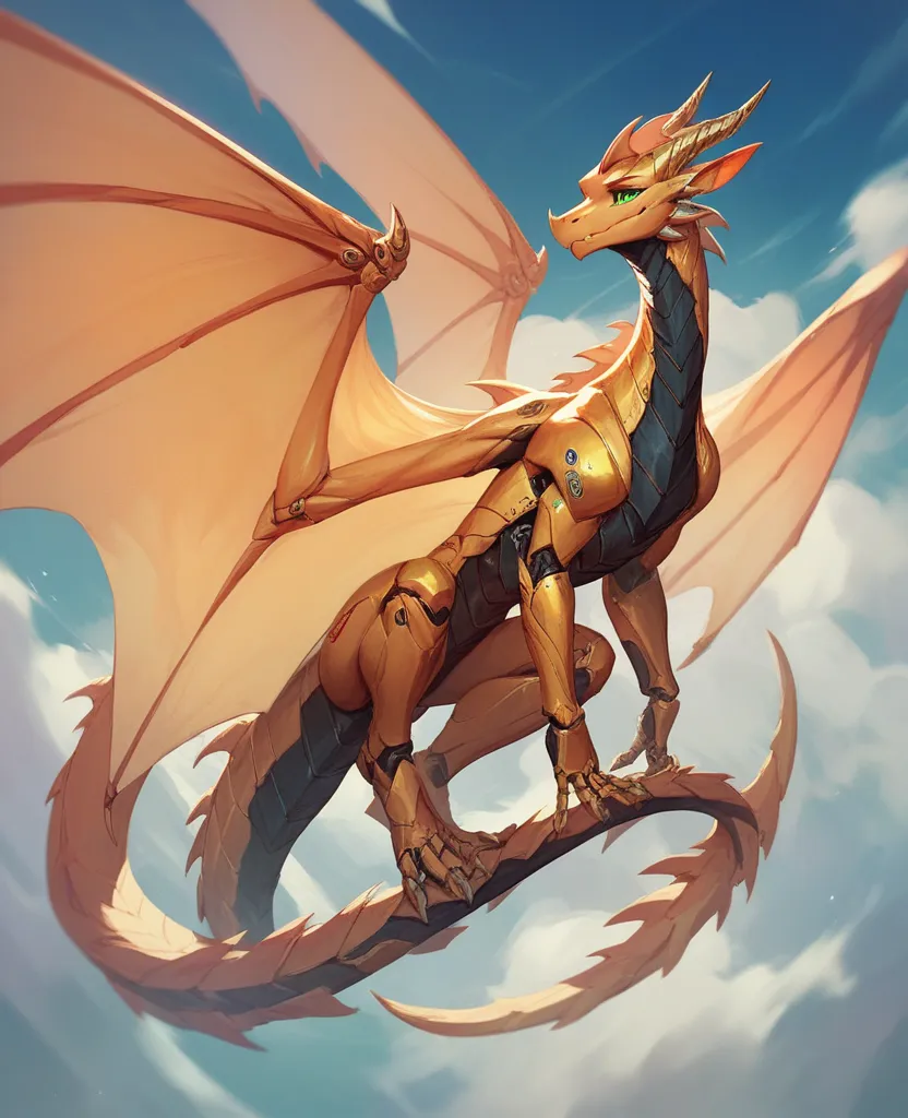 Robotic dragon, big wings, green eyes, golden horns