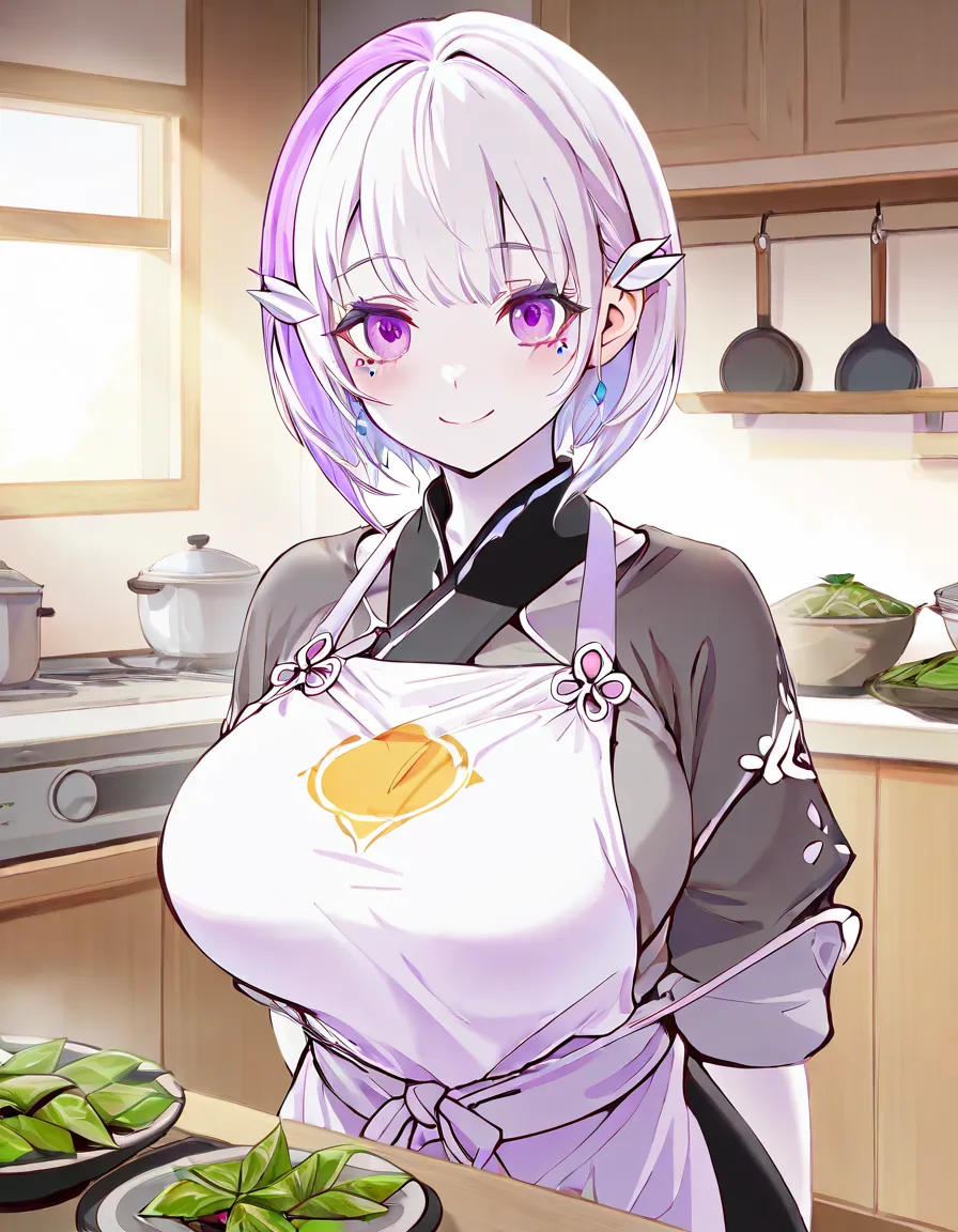 Here is a prompt for a beautiful CG image: Create an extremely detailed and beautiful masterpiece of a young girl, standing alone in her kitchen, wearing a Zongzi apron and a warm smile. Her short hair frames her small head and slender face, adorned with e...